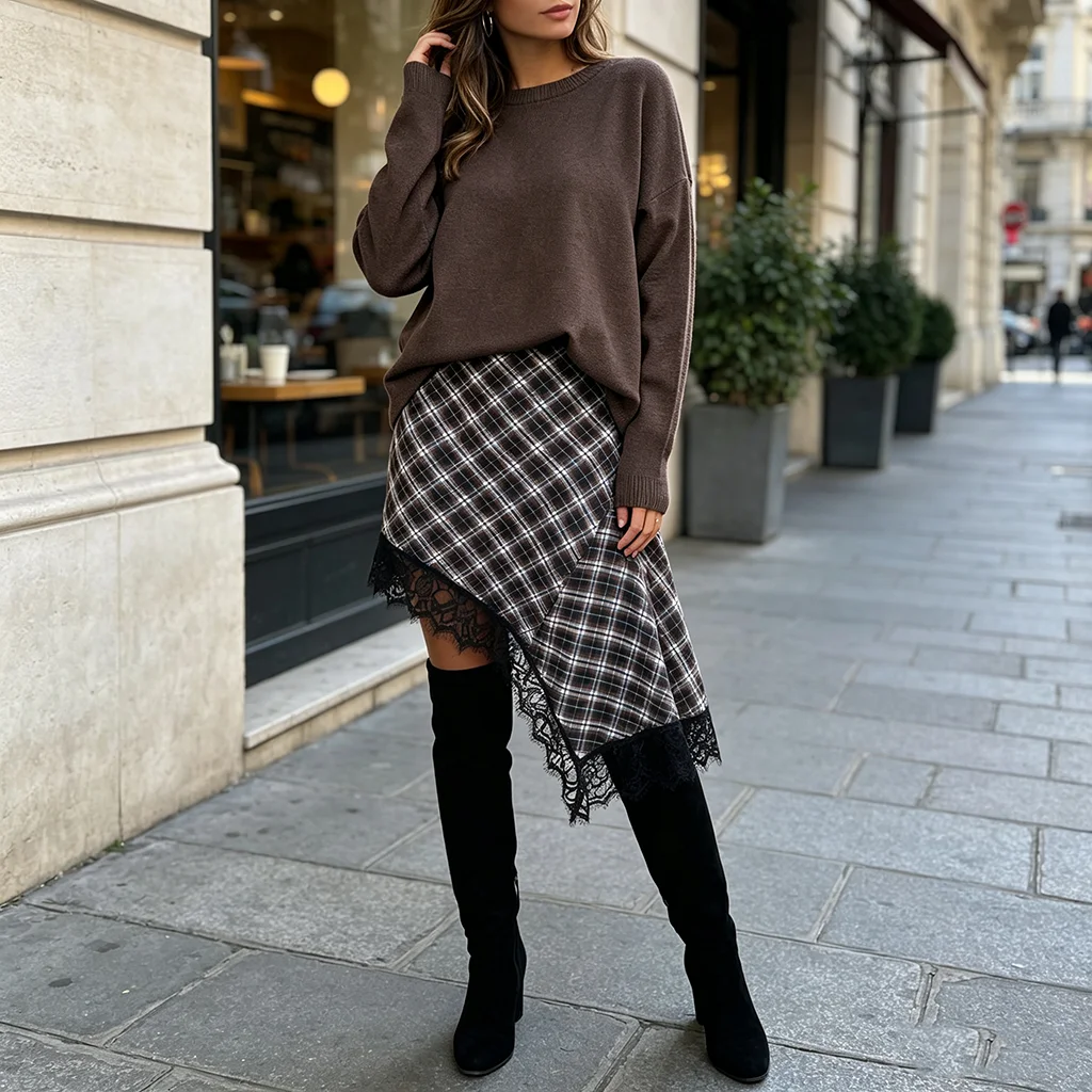 Women Plaid Asymmetrical Midi Skirt High Waist Lace Trim Irregular Hem Vintage Checkered Fall Winter A Line Skirt