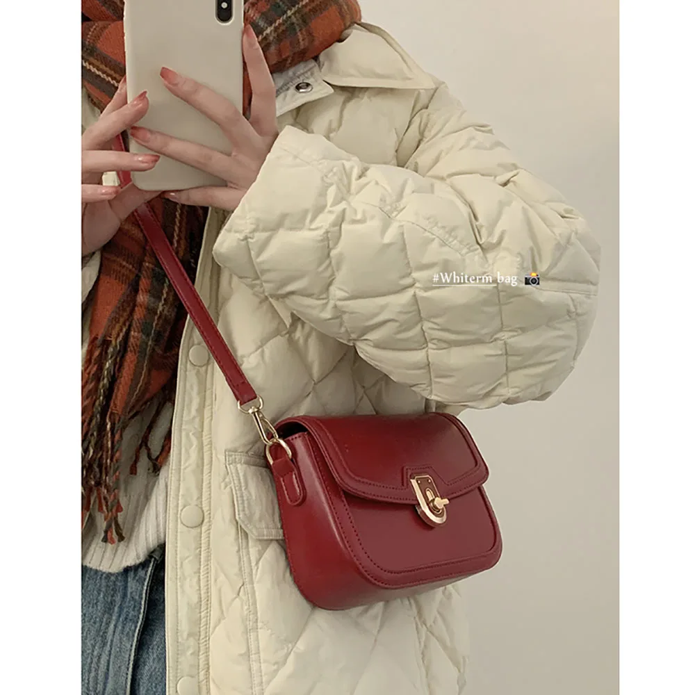 High-end Women's Underarm Bags Fashionable New Niche Hasp Design Small Square Crossbody Bag Pu Leather Red Female Shoulder Pack
