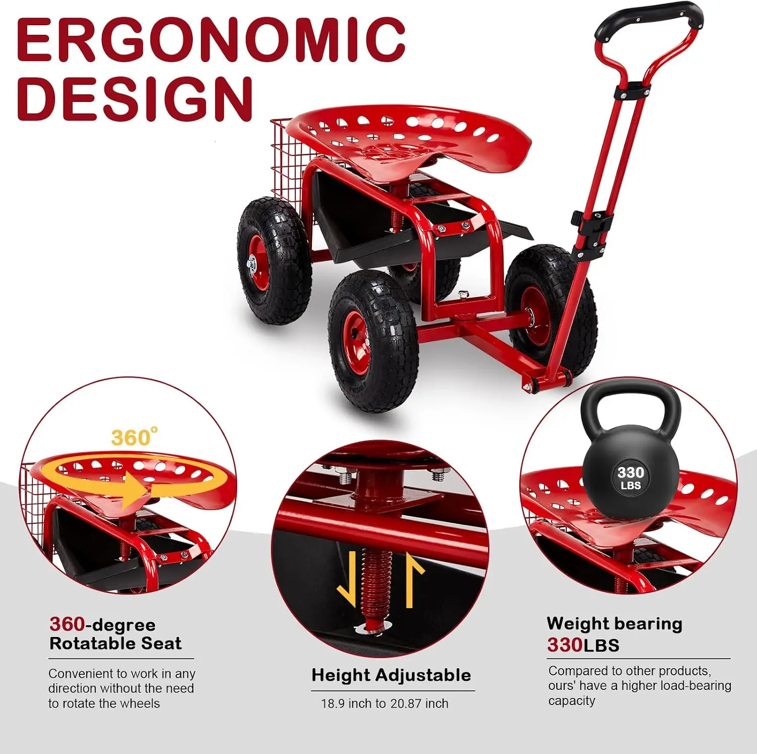 Rolling Garden Cart Scooter with Seat, Wheels, Utility Tool Tray & Adjustable Steering Handle, Planting Wagon for Seniors, Outdoor Gardening Tool for Patio, Backyard & Lawn (Red)