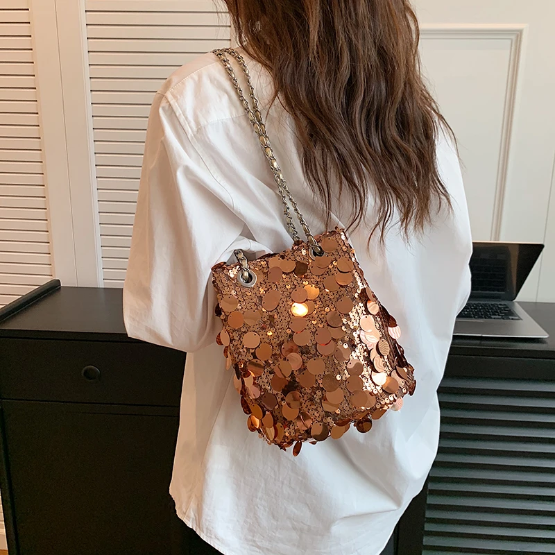 Trendy Designer Shiny Bucket Evening Bag Shoulder Crossbody Bags Women Handbags and Purses 2023 New Ladies Messenger Bags