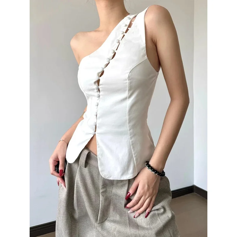 Top de Tirantes Sexy con un Hombro Descubierto Estilo Y2K para Mujer, Camisola con Botones y Aberturas, Chaleco Bodycon Grunge Harajuku Verano 2026