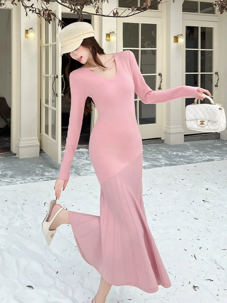 

Розовый V-Ne Long Sve вязаный базовый слой Dr, женская сексуальная юбка с застежкой на талии, обернутая вокруг юбки с хвостом Fi, осень-зима