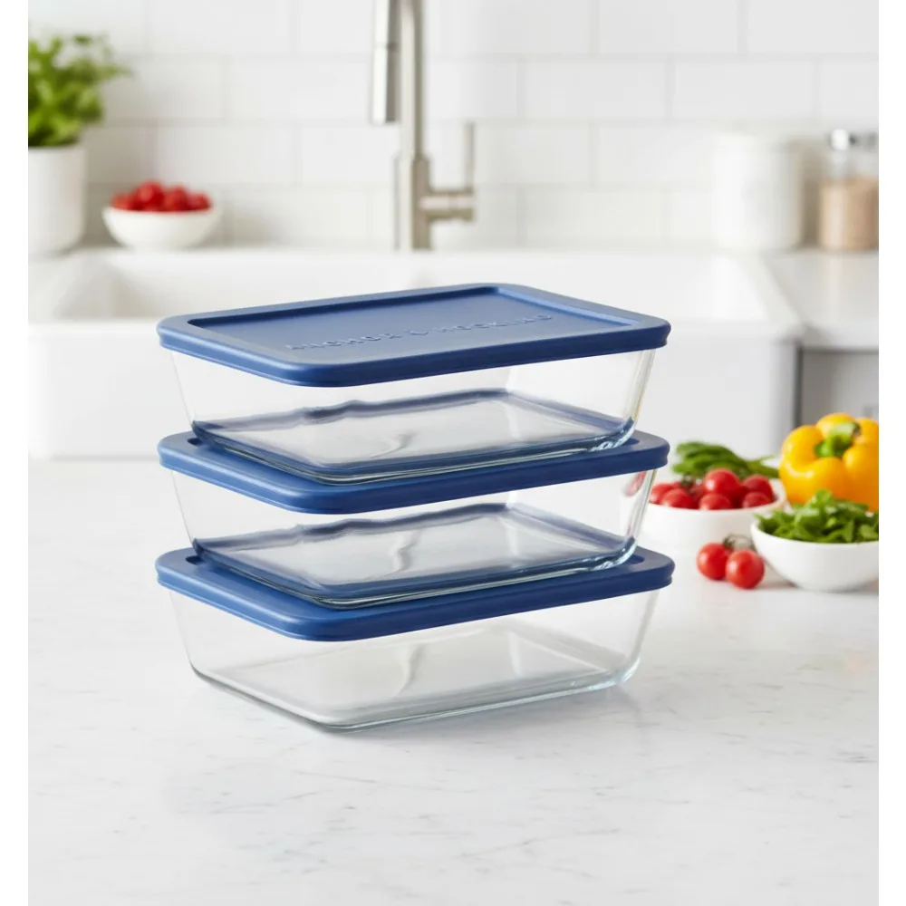 

Безопасные в духовке стеклянные контейнеры для хранения продуктов с крышками, набор из 4 предметов для приготовления еды, темно-синие, герметичные