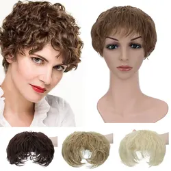 Snoilite Synthetic Short Wave Hair Topper With Bangs Clip In Hair Extensions Invisible Hair Toppers Hair Pieces Black Brown 1pcs