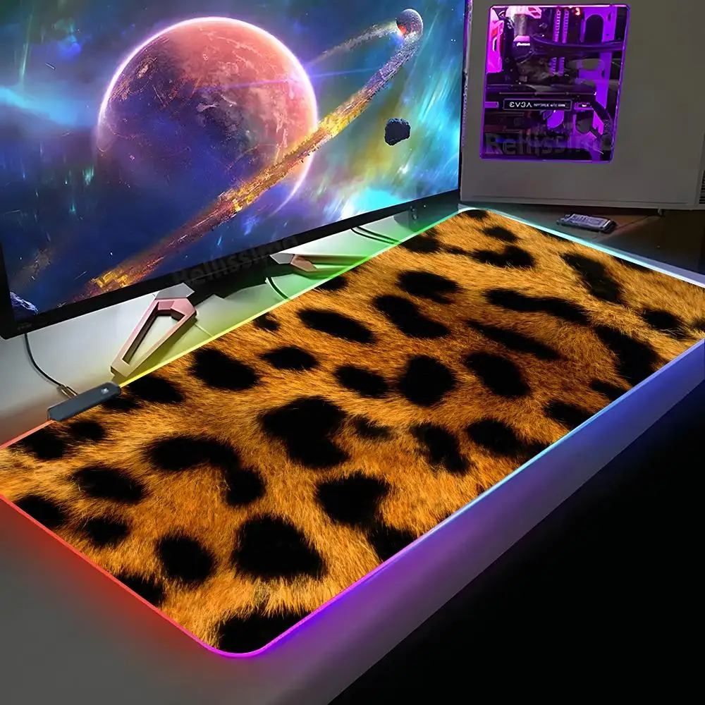 Tiger leopard print panther Mouse Pad XXL RGB Gaming Mouse Pad HD Gamer Accessories Large LED Light MousePads PC Carpet With Bac