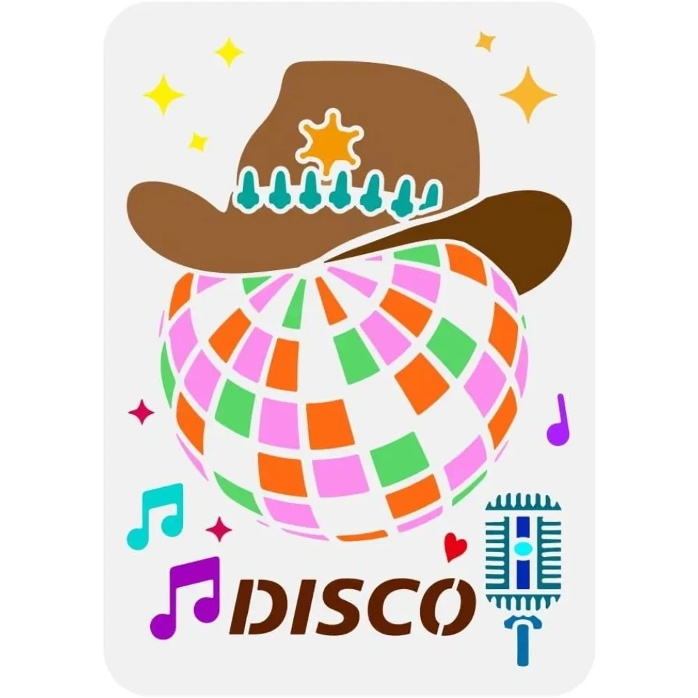 

Дискотека ковбойская шляпа трафарет 8,3x11,7 дюйма диско световой шар трафарет микрофон музыкальные ноты звезды трафарет вечерние стильные украшения