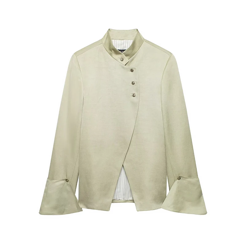 

YENKYE Новинка 2026: Элегантный женский блейзер с воротником-стойкой, асимметричной застежкой на пуговицах и расклешенными рукавами, винтажное пальто