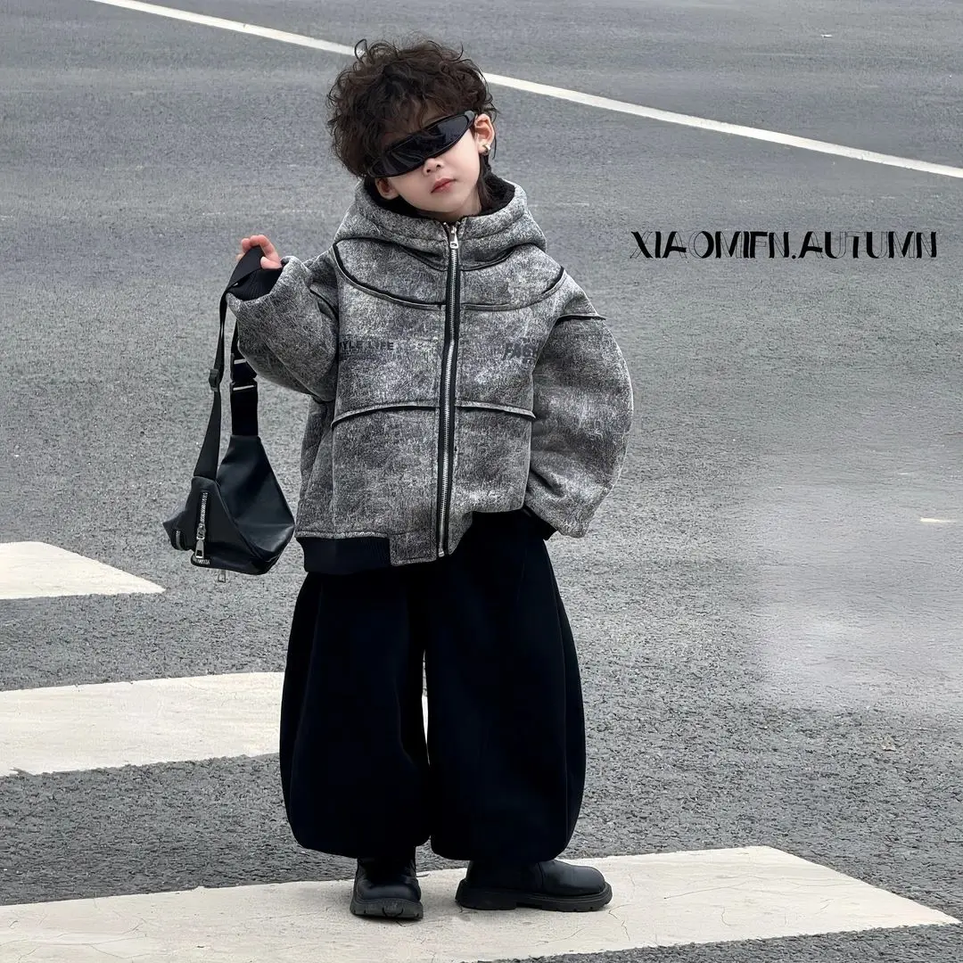 Fashion Children Winter Warm Boys Clothes Set Fashion Elegance Plus Velvet Gray Jacket Coat+Loose Pants Kids Handsome Parka Clot