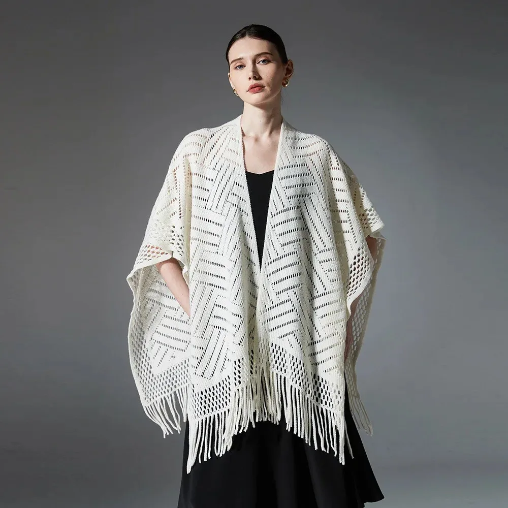 2024 New Women's Scarf Cloak Solid Color Knitted Tassels And Thin Cut Hollow Out Poncho Elegant Cheongsam Shawl For Ladies