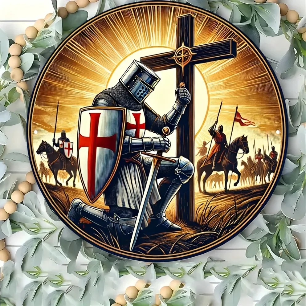 CIFBUY Pretty Templar Knight Cross Round Metal Tin Sign, Medieval Crusader Shield Retro Circular Wall Plaque, Home Wall Decor