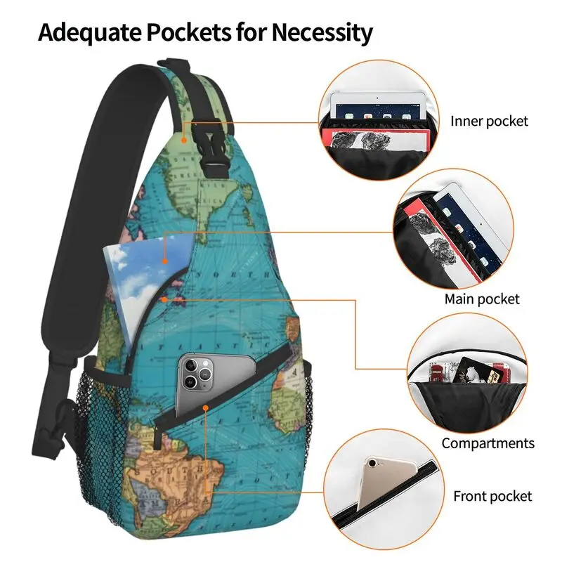 Vintage Map Of The World Sling Crossbody Chest Bag Men Casual Shoulder Backpack for Hiking