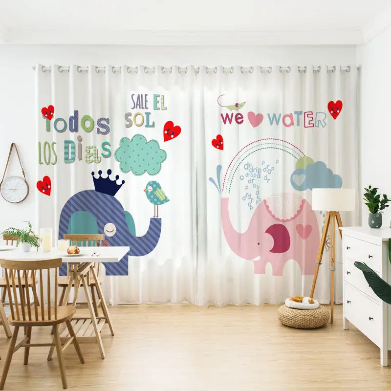Custom Size Modern Fashion Kids Room Curtains Cartoon Elephant Pattern Semi Full Blackout Bedroom Ceiling for Living Room