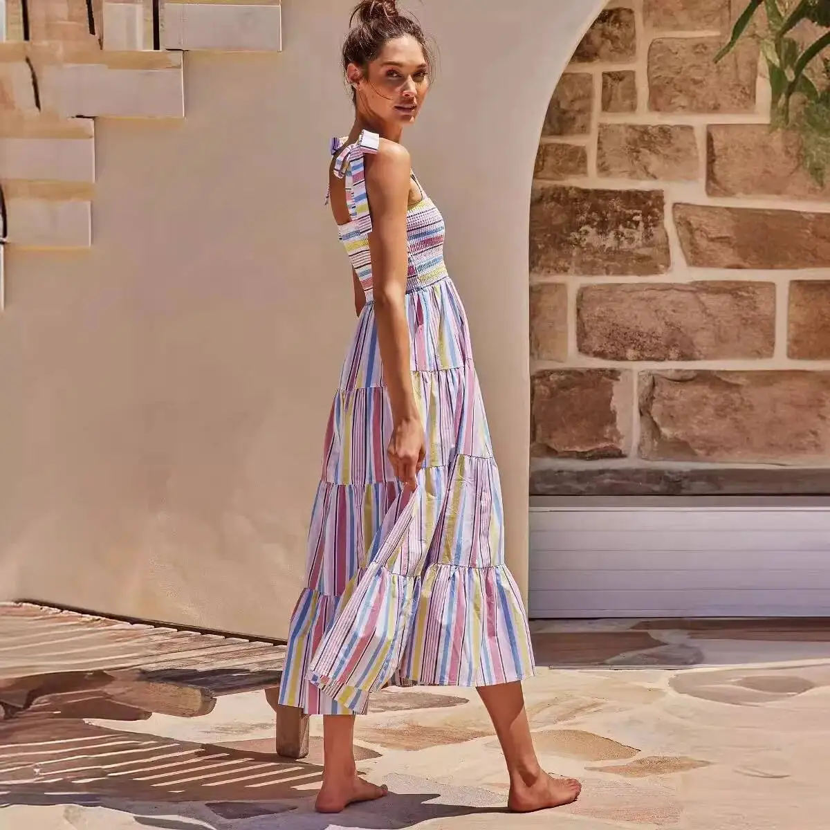 

Clothing 2026 New Women's Spring/Summer Casual Plaid Tie-Neck Strapless Flared Dress