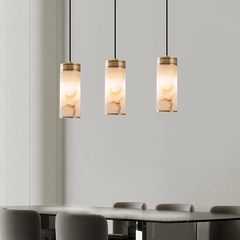Minimalist Modern Chandelier Luxury Copper Marble Pendant Light Bedroom Bedside Entrance Long Strip 3-head Pendant Lamp