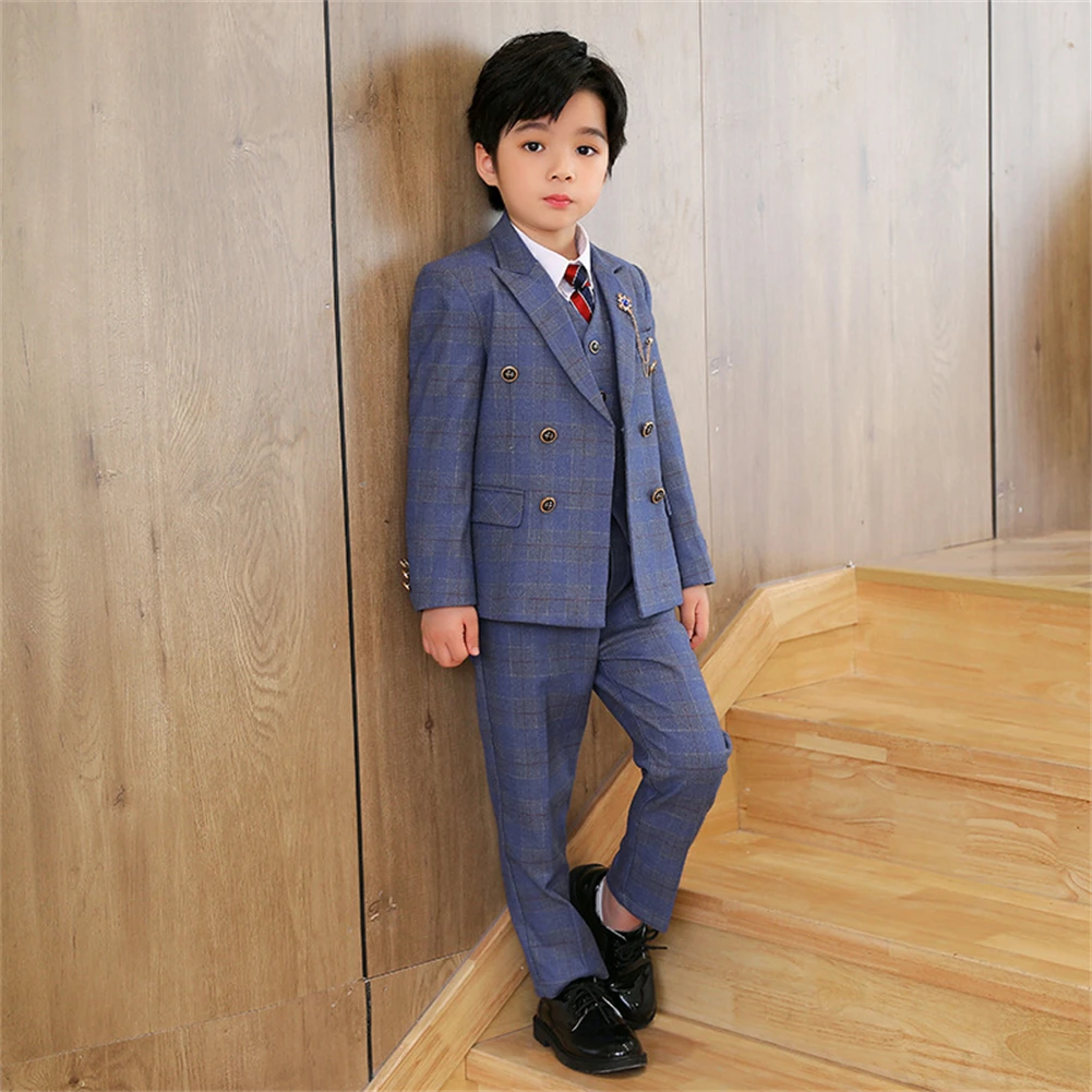 Popular Kids Suit Set 5 Pieces Blazer Vest Pants With Tie Brooch For Awards Ceremony Formal Boy Slim Fit Dresswear Wedding Party