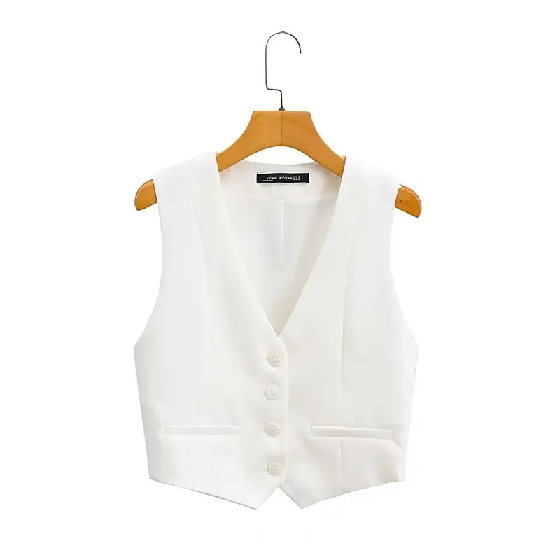 

Women Fashion V Neck Single Breasted Short Vest Office Lady Sleeveless Chic White Suit Business Slim Waistcoat Tops