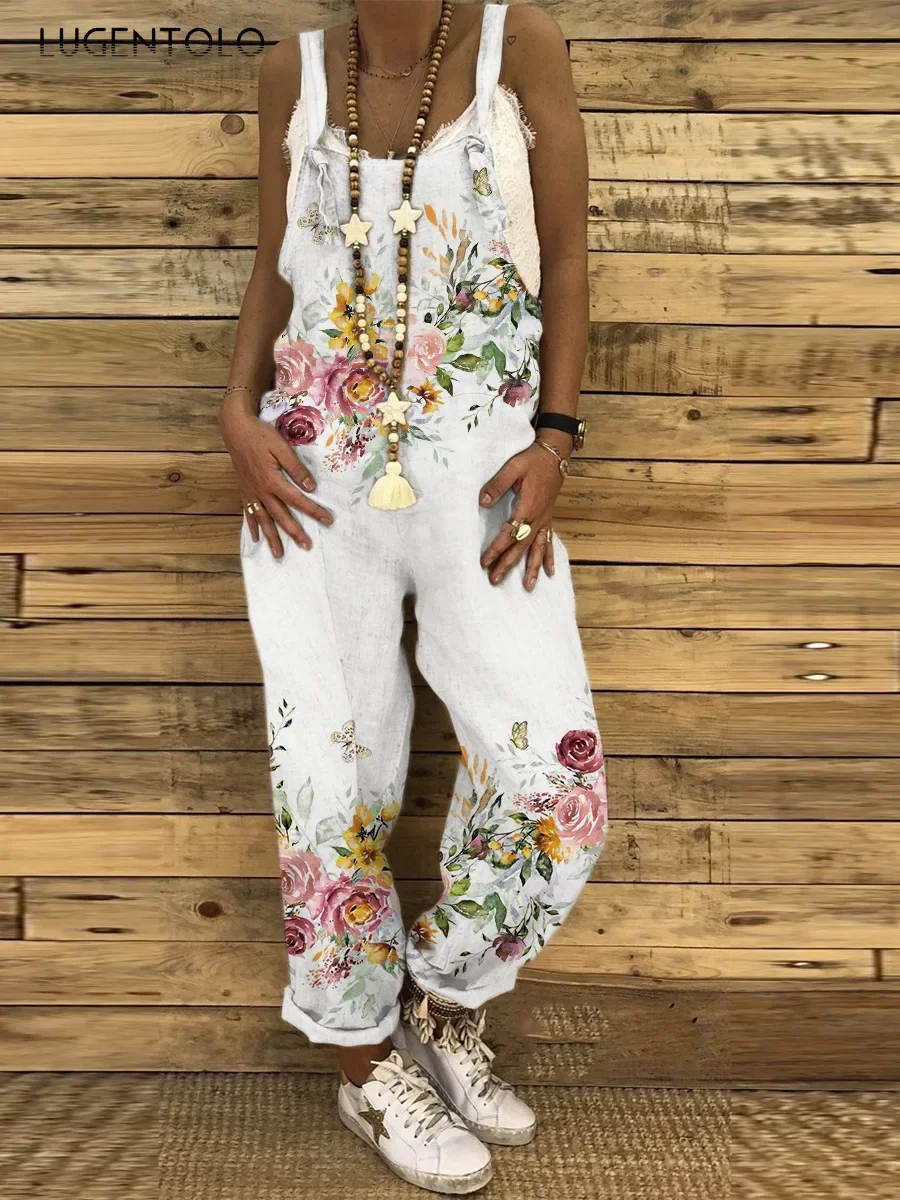 Overalls Summer Jumpsuits Women Thin Vintage Sweet Print Suspenders Loose Female Casual Large Size New Straight-leg Pants