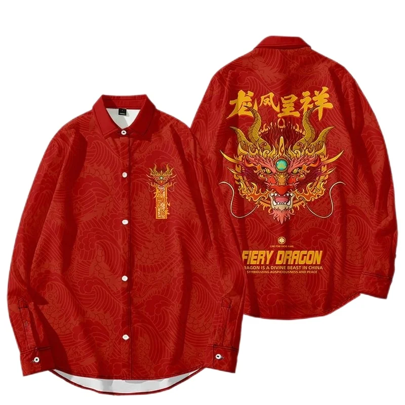 Camisas de manga larga con estampado de dragón de China roja para hombres, blusas de regalo de Festival Chino, Tops de solapa con botones femeninos de moda