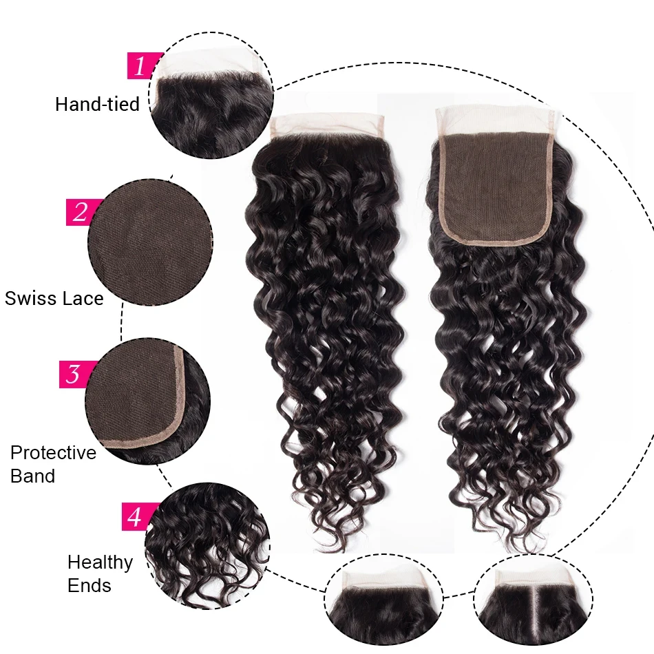 Mechones de cabello humano virgen brasileño 10A para mujeres negras, mechones de ondas de agua oceánica con cierre de encaje 4x4