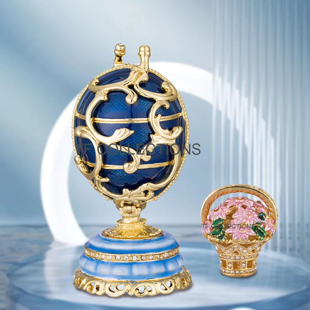 YAFFIL Hand Painted Faberge Egg Jewelry Box With Red Flower Basket Enamel Trinket Box Unique Gift For Family