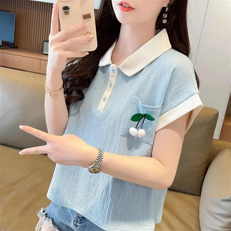 

Летний наряд, женская футболка с вышивкой, футболка с воротником поло для женщин, женская футболка с коротким рукавом, дешевая одежда, популярные корейские топы