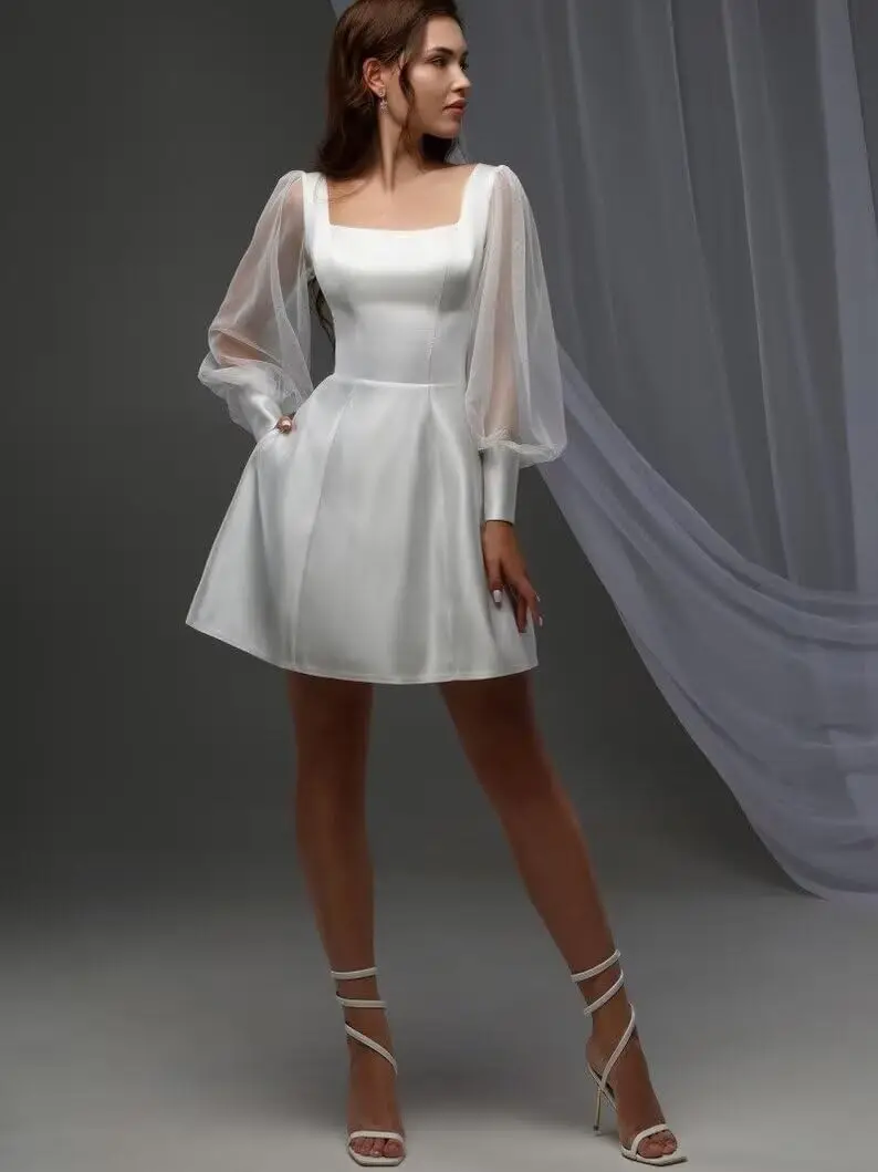 

Women's Long Sleeves Satin Mini Wedding Dresses for Bride Simple Short Wedding Dresses for Women