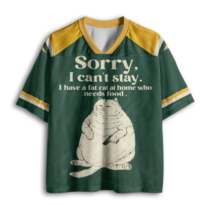 Sorry I Can't Stay Funny Fat Cat Quote Print Men V Neck Mesh Jersey Casual Short Sleeve Top