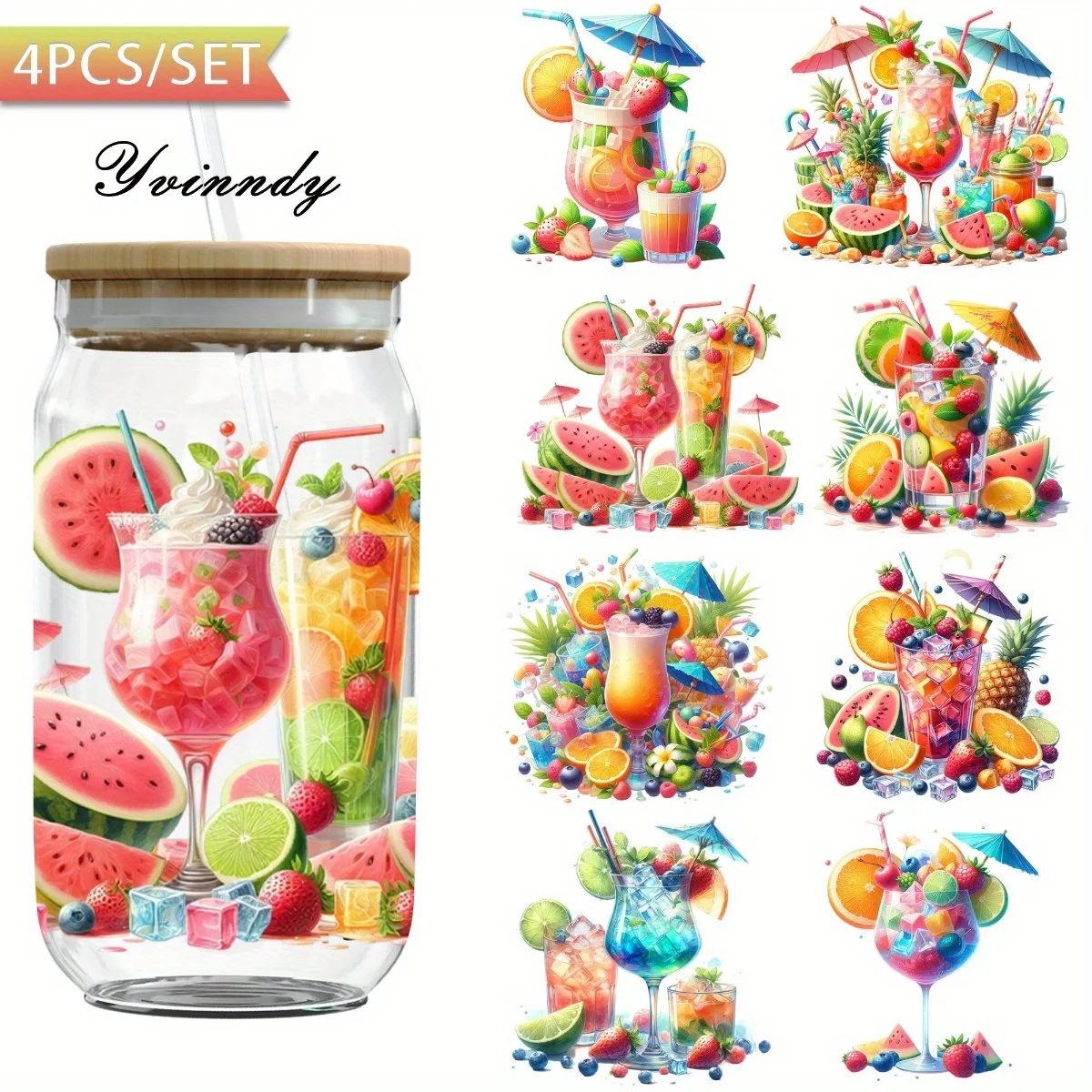 4 Stück/Set Sommer-Eisgetränke DIY Hellbeige Becher-Dekorationsfolie UV DTF Transferpapier