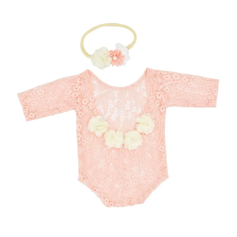 2-teiliges Set für Neugeborene mit floraler Spitze, Baby-Mädchen-Fotografie-Kleid und Perlen-Stirnband