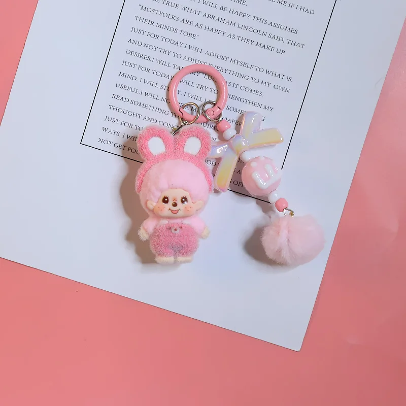 Flocking Monchichi Keychains with Bow Cute Monchichi Keychain Pendant for Bags Anime Bags Charm Keyring Girls Bag Pendant Gifts