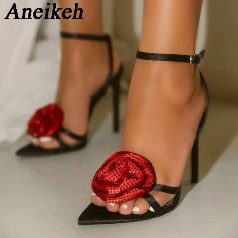 

Aneikeh 2025, модные джинсовые сандалии на высоком каблуке с пряжкой и ремешком, женские пикантные босоножки на тонком каблуке с открытым носком и кристаллами, праздничное платье