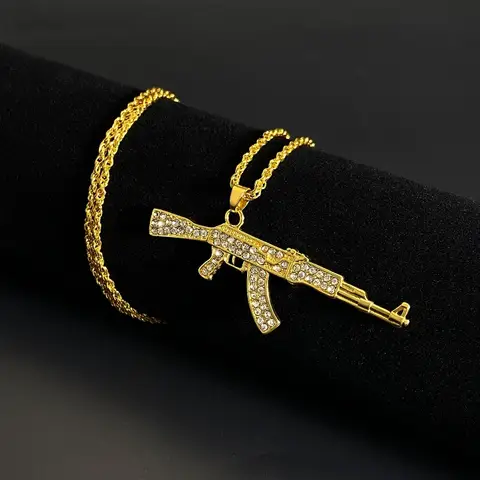 Personalized Diamond Studded AK47 Submachine Gun Pendant Necklace for Men, Fashionable Hip-hop Rock Party Necklace for Women