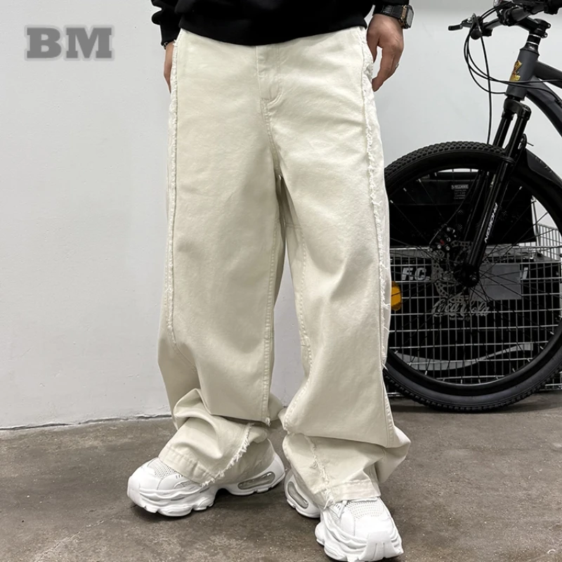 

‌Mens American Vintage Cargo Pants Loose Fit Straight Leg Distressed Washed High Quality Raw Hem Patchwork Trendy Trousers