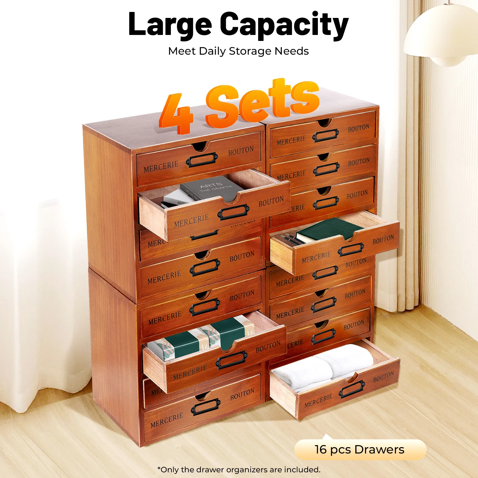 

Vintage 16-Drawer Wooden Desk Organizer, 4Pcs 4-Slot Apothecary Cabinet Art Storage with Drawers Flat File Cabinet