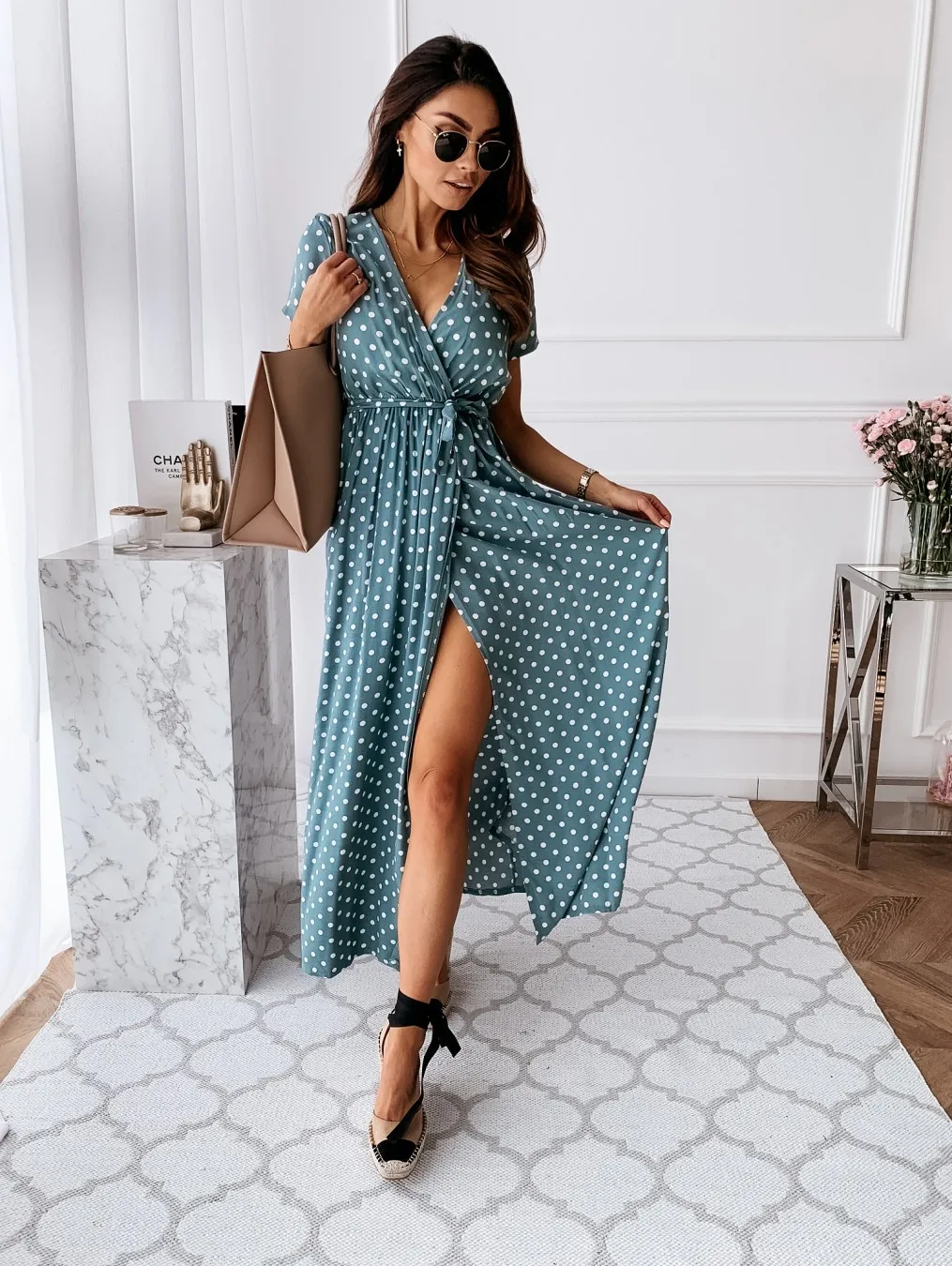 Womens Summer Fashion Maxi Dress Short Sleeve V-Neck Ladies Polka Dot Dress Split For Female Boho Beach Holiday Dress