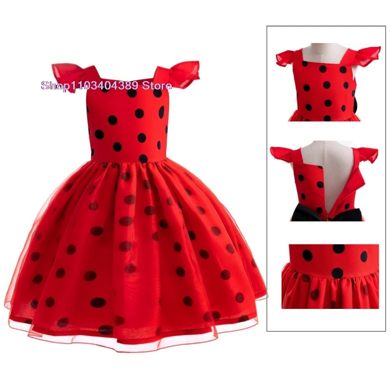 Christmas Child Bug Costume for Girls-Red Dress Halloween Mask Bag Easter Marinette Cosplay Costumes Party Little Beetle Suits