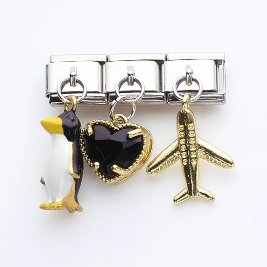 

3pcs Penguin Heart Airplane Travel Theme Pendant Italian Charm Link 9mm Stainless Steel Bracelet for Woman Men Gifts DIY Jewelry