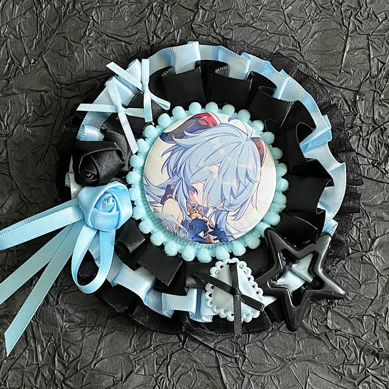 Handmade fabric badge display holder, fabric frills, rose, star ornaments. House round badge collections. Bag attachment for badge fans, badge protection base, fabric cradle for badge hobby collectibles