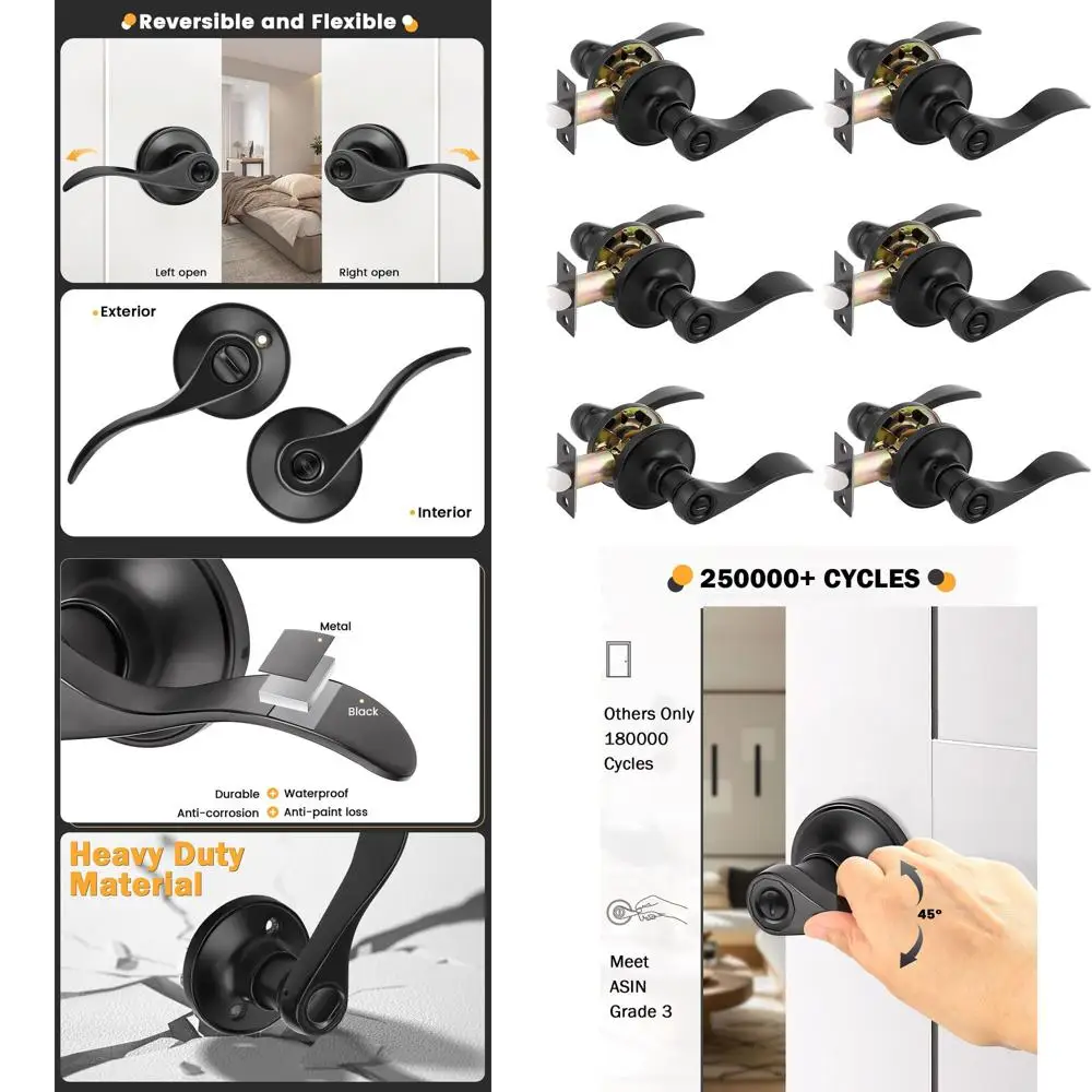 

Matte Black Door Levers with Privacy, Suitable for Interior, Bedroom, and Bathroom, Reversible Wave/Drop Style Knobs