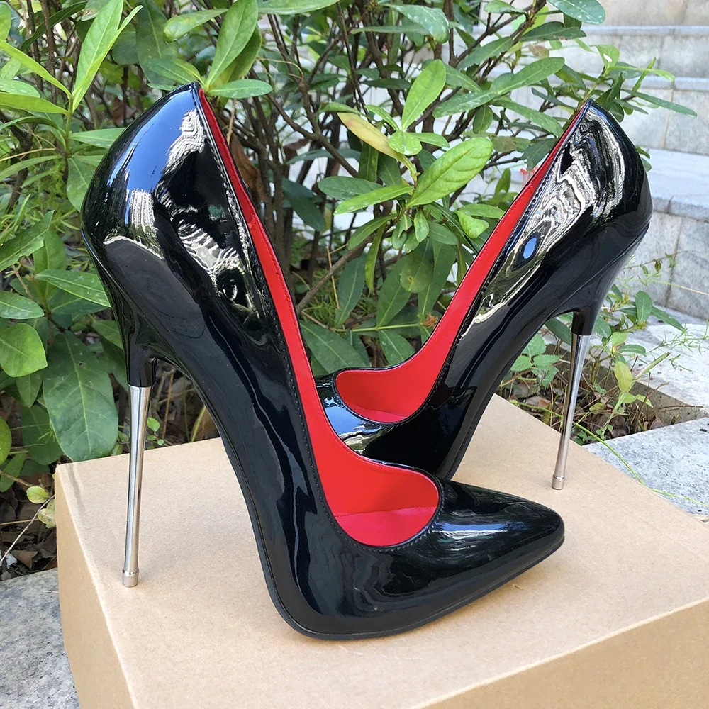 

Clearance Price 16cm Extreme High Heels Women Glossy Black Pointed Toe Stilettos Sexy Red inside Pumps SM Party Unisex Shoes