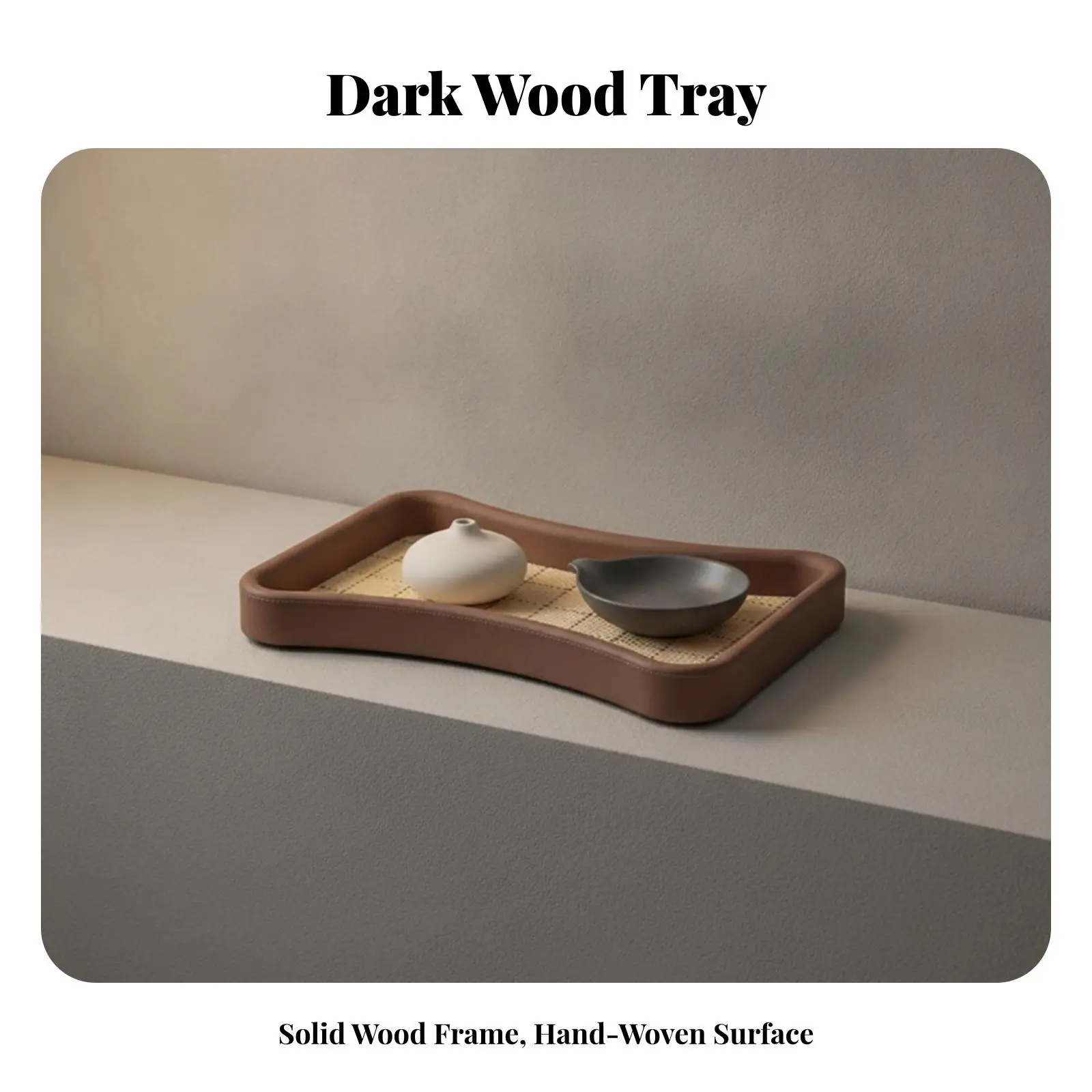 Luxury Chinese Style Wood Tray with Leather Trim Woven Center Rectangular Decorative Serving Tray for Dining Table and Entryway