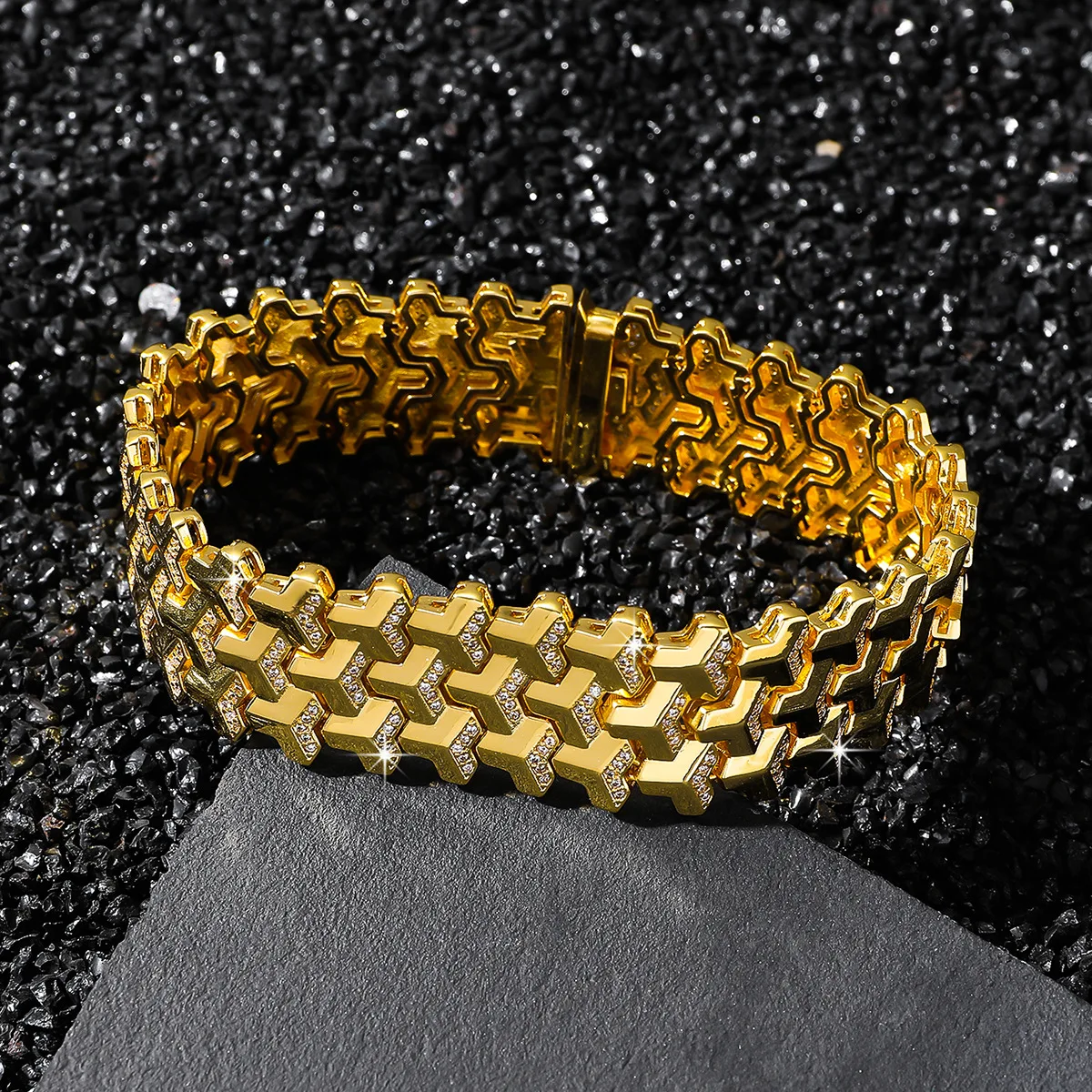 Light Luxury 20MM Wide Cubic Zirconia Inlaid Cuban Link Bracelet Spliced Chain Men Statement Party Jewelry Gift