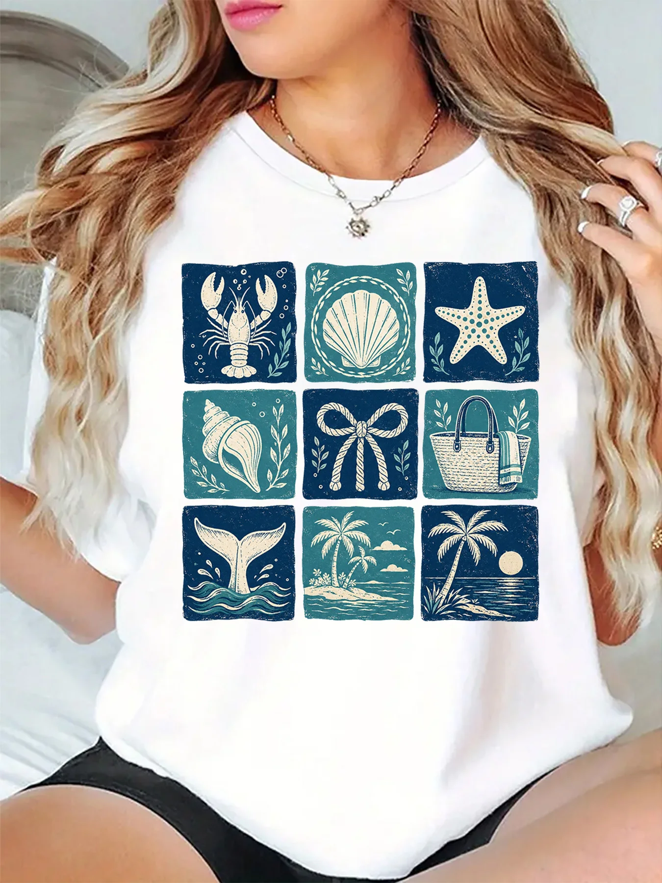 Womens Retro Beach Graphic T Shirt Ocean Shell Starfish Palm Tree Print Short Sleeve Casual Tee Summer Vacation Daily Wear Top