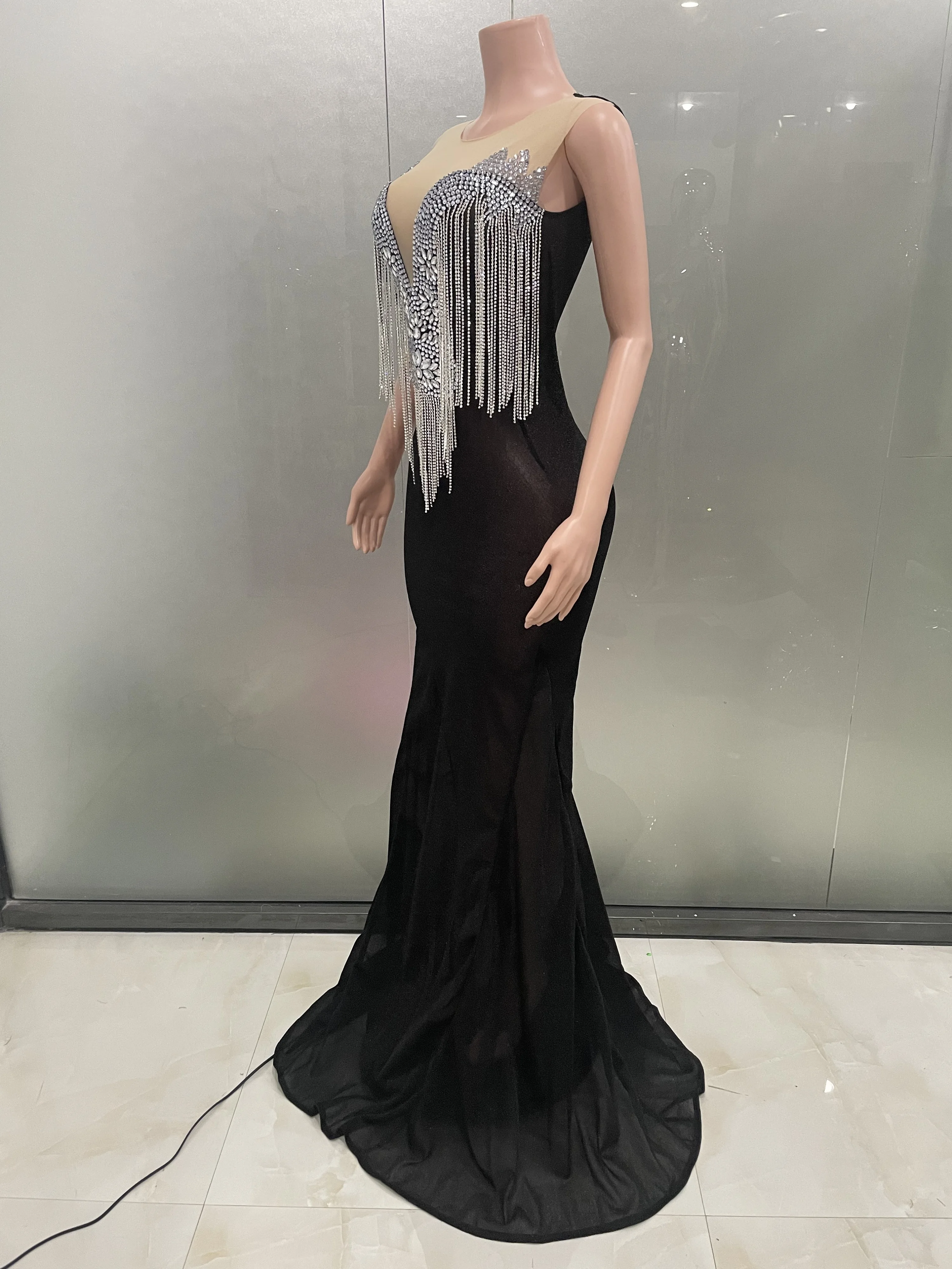 ストック レディース ノースリーブ セクシー ダイヤモンドチェーン メッシュ ロング丈 ボディコン ドレス エレガント イブニングパーティー セレブレーションドレス ベスティード