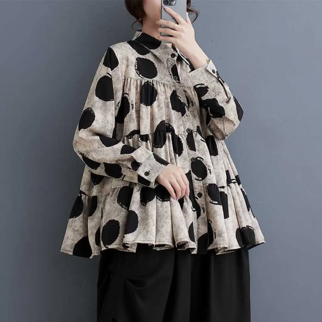 

Весенняя женская рубашка больших размеров в корейском стиле с принтом в горошек, свободный однобортный модный топ для женщин больших размеров