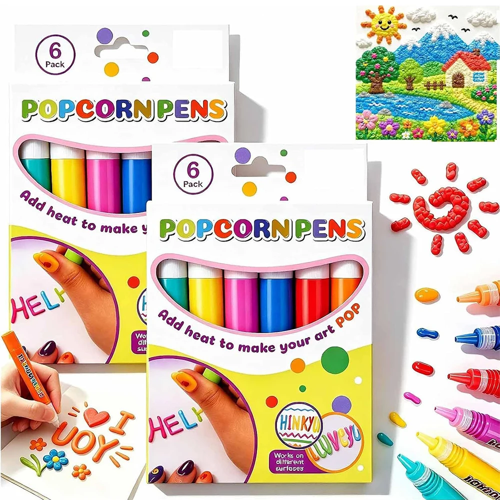 1-6 Boxes Popcorn Pens 3D Puffy Bubble Drawing Pen for Kids DIY Art Craft Bubble Pen for Birthday Greeting Card School Project