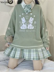 Spring Autumn Sweet Lolita Embroidery Bunny Knitted Pullover Japanese Girly Cute Loose JK Sweater Women Kawaii Knitwear Tops