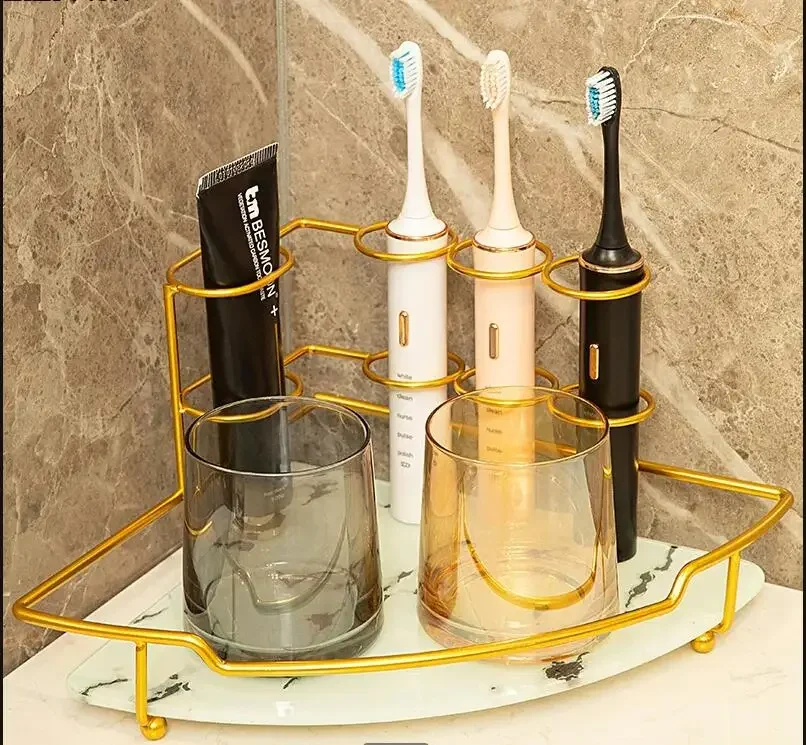 Luxury Bathroom Triangle Shelf Toothbrush Mouthwash Cup Storage Rack Desktop Cosmetic Storage Tray Home Corner Storage Tools