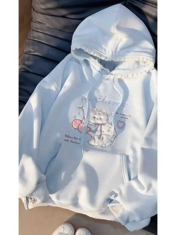 

Милая толстовка с капюшоном и кружевной отделкой с вышивкой, свободная утягивающая футболка, осенне-зимняя хлопковая длинная футболка для колледжа