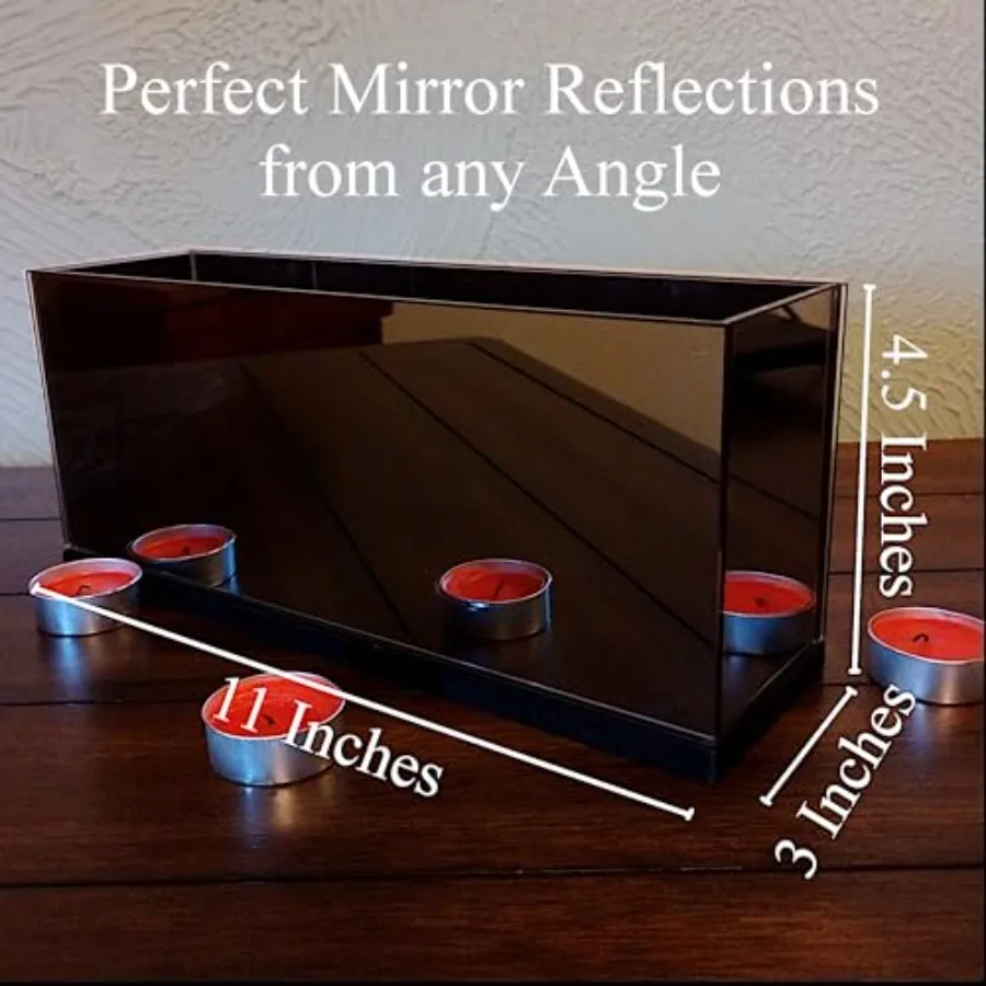 Infinity Mirror Tea Light Holder Slot with Electric Flameless Compatible Design - Glass Reflective Centerpiece with Wooden Base